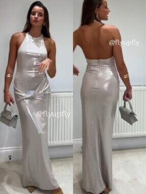 ZARA LONG SILVER METALLIC FOIL MAXI GOWN DRESS Size M L XL
